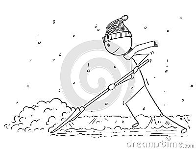 Cartoon of Man with Snow Pusher Shoveling the Snow Vector Illustration