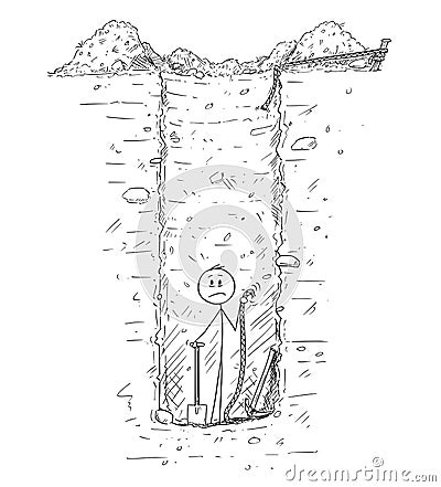 Cartoon of Man Trapped Inside Deep Hole or Water Well He Dig in the Ground Vector Illustration