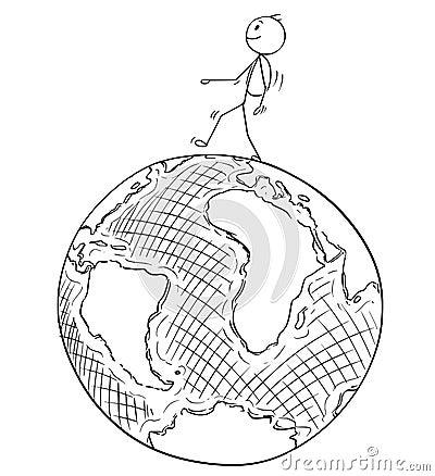 Cartoon of Traveler Walking on Earth Globe Vector Illustration