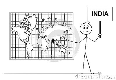 Cartoon of Man Pointing at Republic of India on Wall World Map Vector Illustration
