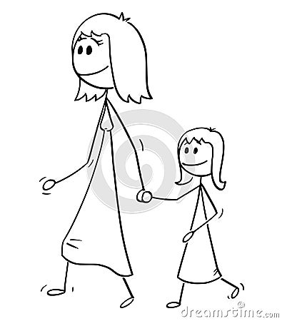 Cartoon of Mother Walking With Daughter and Holding Her Hand Vector Illustration