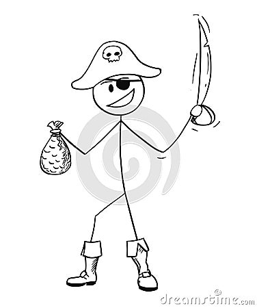 Cartoon of Pirate With Sabre and Bag of Gold Vector Illustration