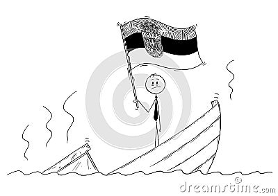 Cartoon of Politician Standing Depressed on Sinking Boat Waving the Flag of Republic of Serbia Vector Illustration