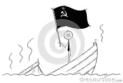 Cartoon of Politician Standing Depressed on Sinking Boat Waving the Flag of Soviet Union Vector Illustration