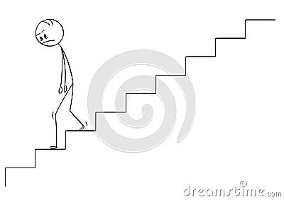 Cartoon of Sad and Depressed Man or Businessman Walking Downstairs Vector Illustration