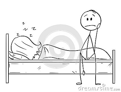 Cartoon of Depressed Man Sitting on Bed While Woman is Sleeping Vector Illustration