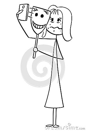 Cartoon of Unhappy or Sick Woman Taking Selfie With Happy Mask Vector Illustration