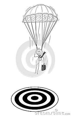 Cartoon of Skydiver Businessman With Parachute Landing at Target Vector Illustration