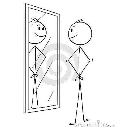 Cartoon of Smiling Cheerful Man Looking at Himself in the Mirror Vector Illustration