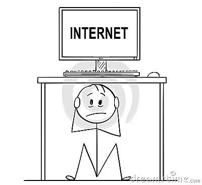 Cartoon of Man or Businessman Sitting hidden Under Desk With Computer and Internet Text Vector Illustration