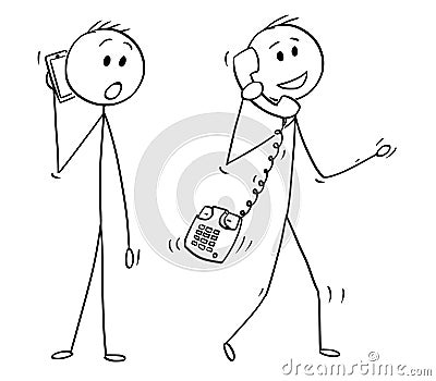Cartoon of Walking Man or Businessman Making Phone Call With Old Table Phone Vector Illustration