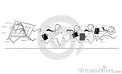 Cartoon of Group or Team of Businessmen Running in Panic Away From Falling Graph Vector Illustration