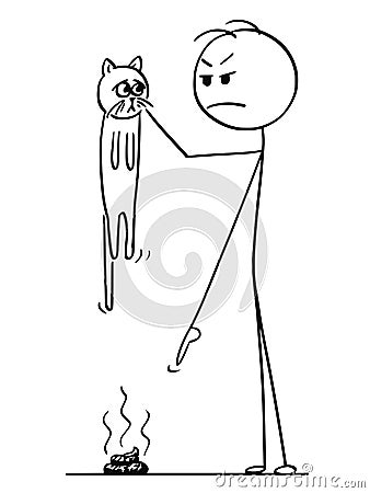 Cartoon of Man Holding Cat and Pointing Finger at Excrement, Poop, Shit or Stool on the Ground Vector Illustration