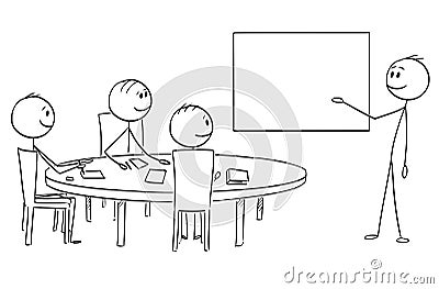 Cartoon of Businessman Presenting Empty Table on Business or Work Meeting Vector Illustration