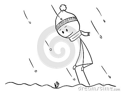 Cartoon of Man Who Found First Spring Snowdrop Flower in Snow Vector Illustration