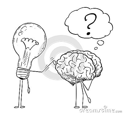 Cartoon Drawing of Lightbulb Characters Taping on Back of Thinking Brain Vector Illustration