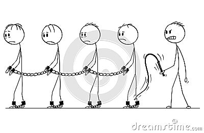 Cartoon of Line of Slaves Walking in Chains and Slave Master With Whip Vector Illustration