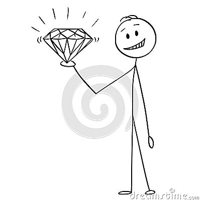 Cartoon of Man or Businessman Holding Big Shining Diamond in Hand Vector Illustration