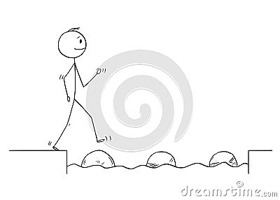 Cartoon of Man or Businessman Stepping on Stones to Get Over Water Obstacle Vector Illustration