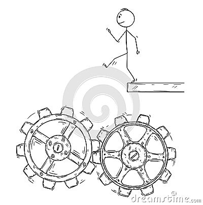 Cartoon of Man or Businessman Walking Artless to Fall in to Machine Cogwheels Vector Illustration