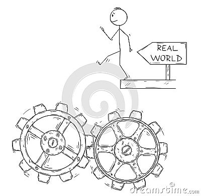 Cartoon of Man or Businessman Walking Artless to Fall in to Machine Cogwheels Vector Illustration