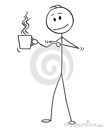 Cartoon of Man Holding and Pointing at Cup of Hot Beverage, Coffee or Tea Vector Illustration