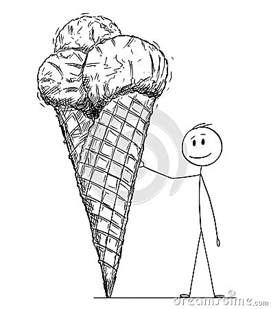 Cartoon of Man Leaning on Big Cone of Ice Cream or Icecream Vector Illustration