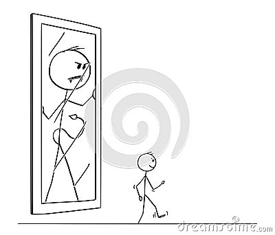 Cartoon of Happy Man Leaving His Demon or Devil in The Mirror Vector Illustration