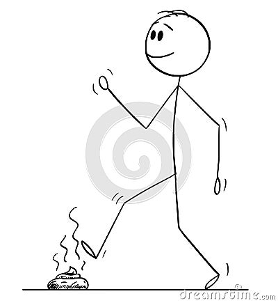 Cartoon of Man Walking and Stepping on the Dog Excrement or Poop or Shit or Stool Vector Illustration