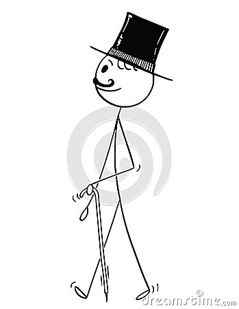 Cartoon of Gentleman Walking With Top Hat and Stick or Cane Vector Illustration