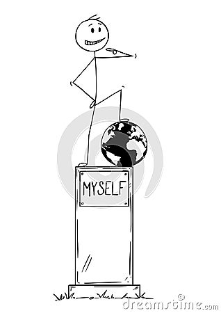 Cartoon of Statue of Egoist Selfish Man Standing on Pedestal With Text Myself Vector Illustration