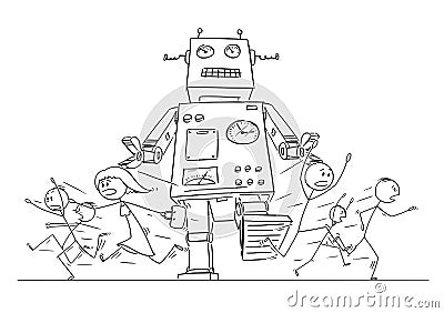 Cartoon Drawing of Crowd of People Running in Panic Away From Giant Retro Robot Vector Illustration