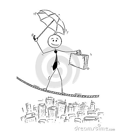 Conceptual Cartoon of Businessman Balancing on Rope Vector Illustration