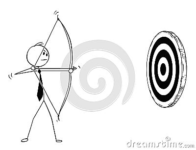 Conceptual Cartoon of Businessman with Bow Shooting at Target Vector Illustration
