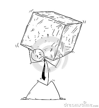 Conceptual Cartoon of Businessman Carrying Big Block of Rock or Vector Illustration