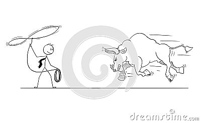 Cartoon of Businessman Cowboy Trying to Catch Bull as Rising Market Prices Symbol With Lasso or Rope Vector Illustration
