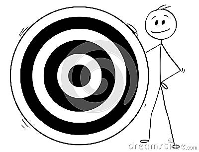 Cartoon of Man or Businessman and Big Dartboard Target Vector Illustration