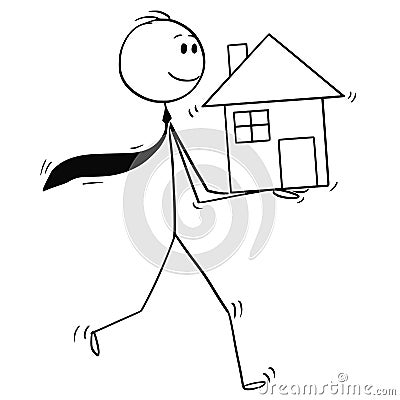 Cartoon of Businessman, Investor or Realtor Holding House in Hands Vector Illustration