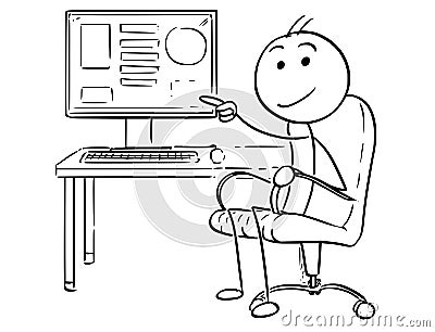 Cartoon of Businessman Pointing at Computer Screen Vector Illustration