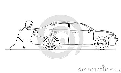 Cartoon of Man or Businessman Pushing Broken Car Vector Illustration