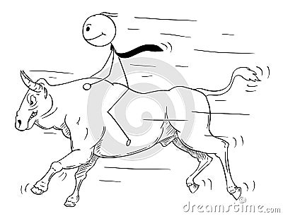 Cartoon of Businessman Riding a Bull Market Vector Illustration