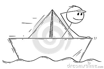 Cartoon of Businessman Sailing Paper Ship or Boat Vector Illustration