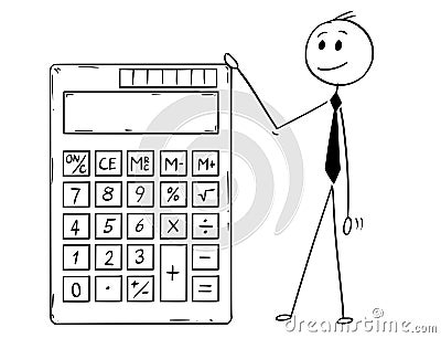 Cartoon of Businessman Standing With Big Electronic Calculator Vector Illustration