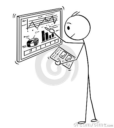 Cartoon of Businessman Working With Charts on Computer Screen Vector Illustration