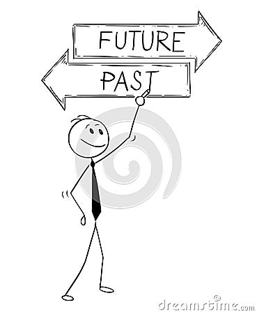 Cartoon of Businessman Writing on Future and Past Text Decision Arrow Sign Vector Illustration