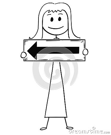 Cartoon of Businesswoman or Woman Holding Arrow Sign Pointing Left Vector Illustration