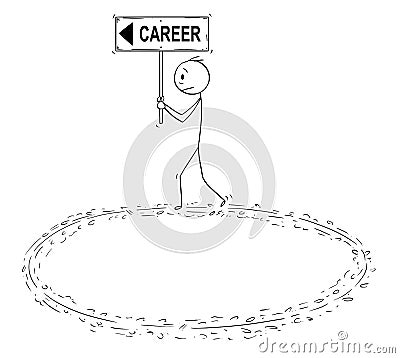 Cartoon of Businessman Holding Career Sign and Walking in Circle in Vain Effort Vector Illustration