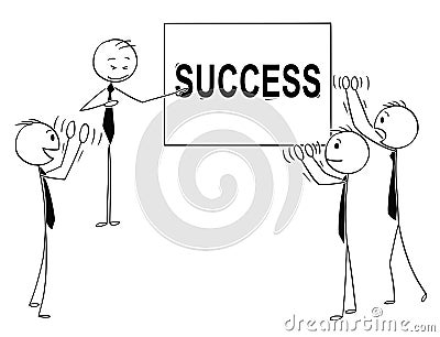 Cartoon of Business People Applauding to Speaker Pointing at Success Sign Vector Illustration