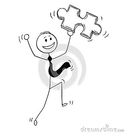 Cartoon of Happy Businessman with Jigsaw Puzzle Piece in Hand Vector Illustration