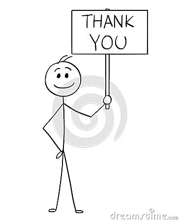 Cartoon of Happy Smiling Man or Businessman Holding Sign with Thank You Text Vector Illustration